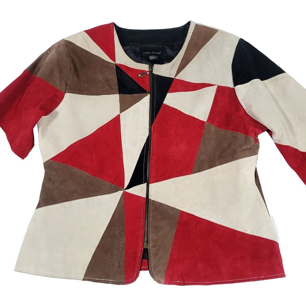 Y2K Patchwork suede Leather‎ Fitted Jacket Karen Arnold L Abstract Art 90s Boho
